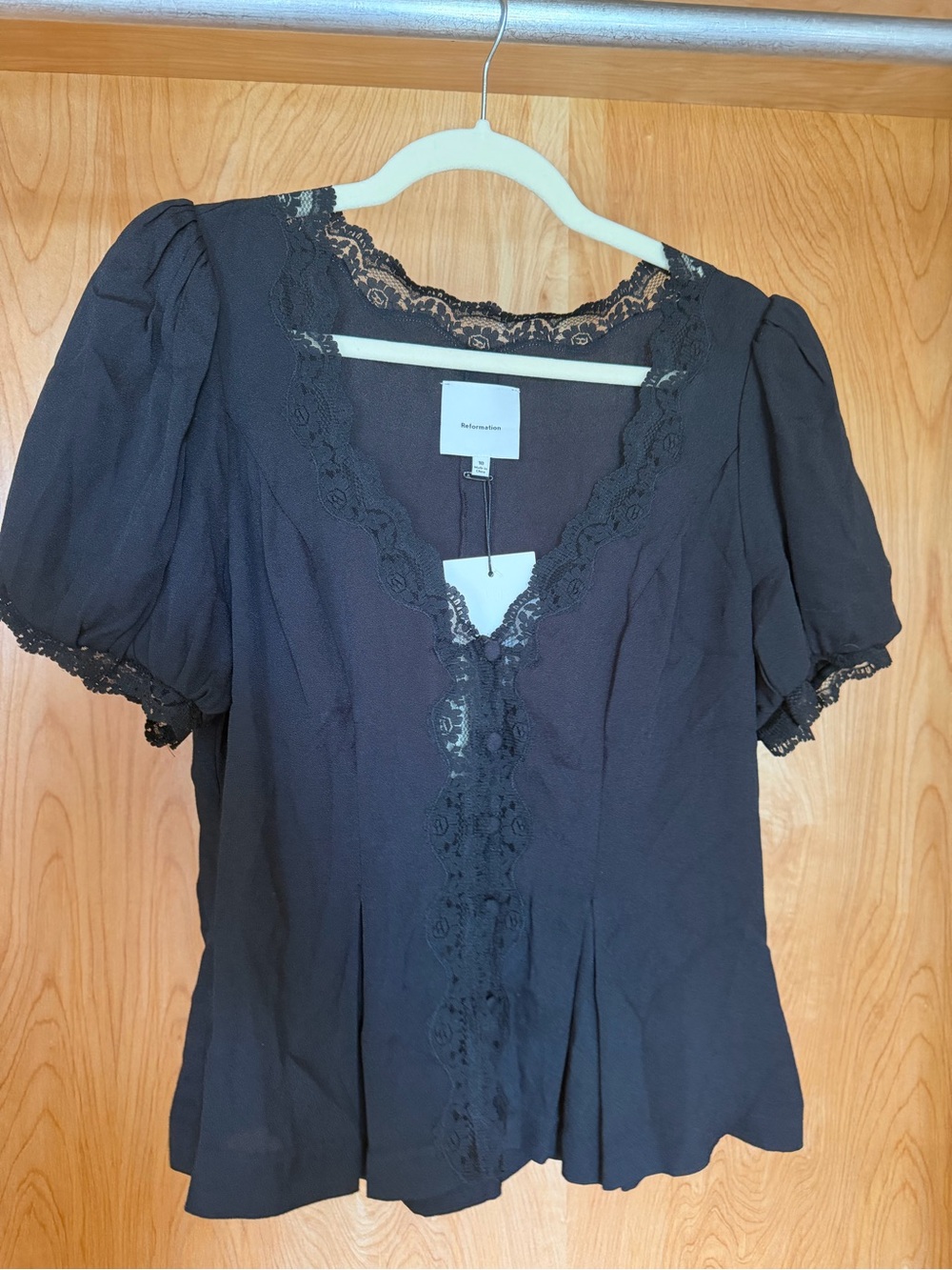 Reformation Black Lace-Trim Puff Sleeve Top